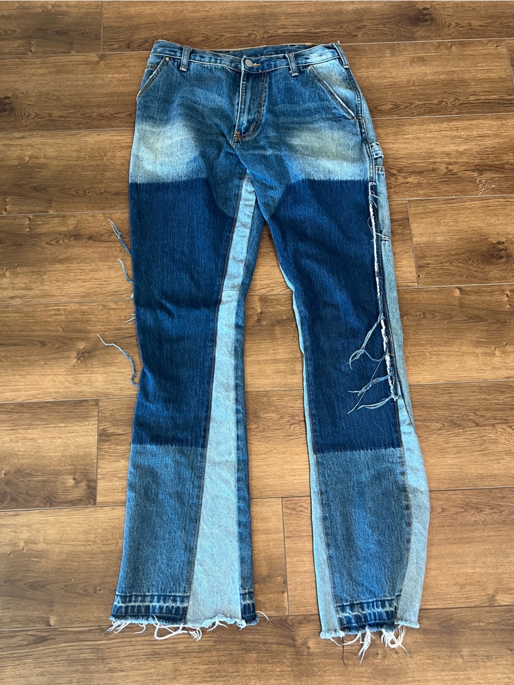 MNML Two-Tone Blue Patchwork Flare Jeans